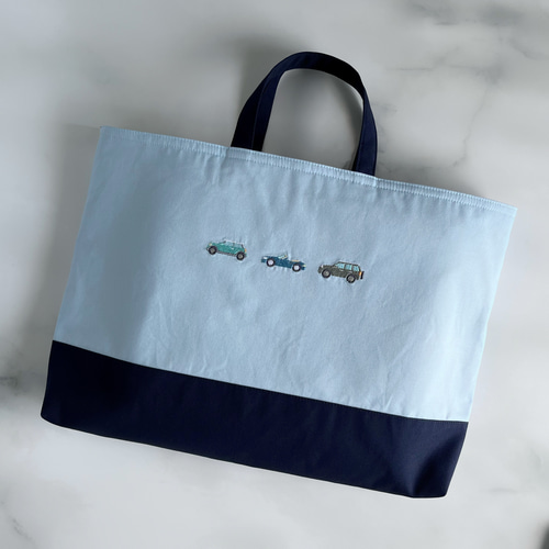 名入れOK【普通・大マチ】水色・車の刺繍・レッスンバッグ・男の子