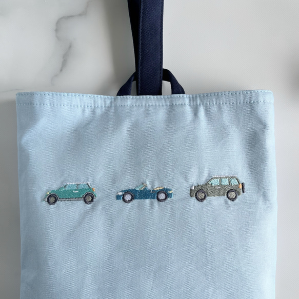 受注製作【水色・2点セット】サイズ選択可・車の刺繍・レッスンバッグ・上履き袋・男の子・入園入学・コットン・シンプル 15枚目の画像