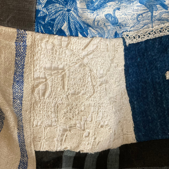 ＊大人可愛いブルー系アンティークリネンのパッチ3way巾着トート♪レース&ティッキング&フレンチファブリック&トワル 10枚目の画像