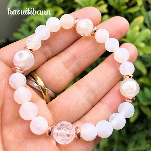 白龍紋瑪瑙×水晶回紋珠×白三眼天珠 天然石ブレスレット