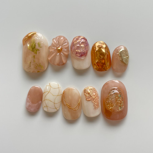 tito No.17】オレンジブラウンなネイルチップ/ぷっくり/ニュアンス  