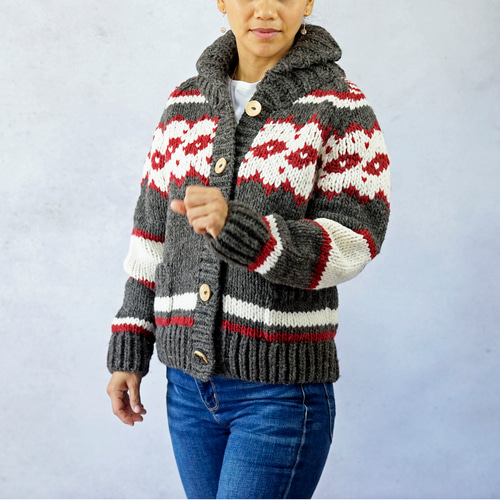 完売】ローゲージウール・へちま衿カウチンニットジャケット（N-430076