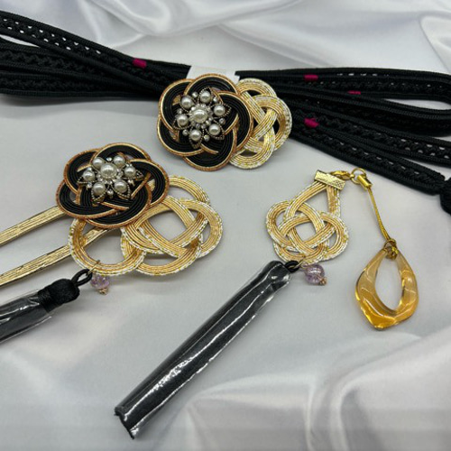 2555半幅帯＆帯留・帯飾り・髪飾り・帯締めセット 博多織 豪華水引き