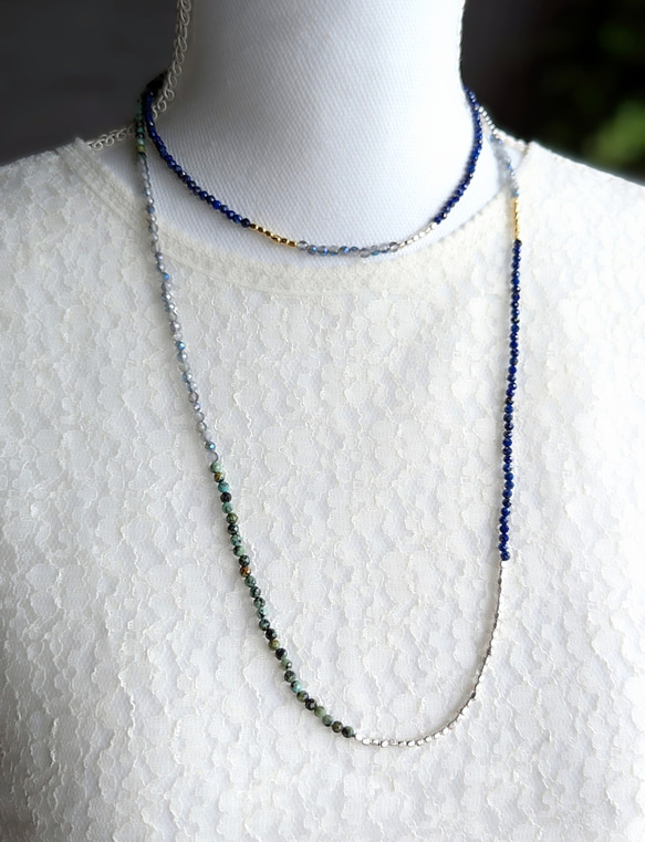 秋冬的濃鬱藍色 ◆ 銀金戀人，青金石與托帕石超長項鍊，醫用不鏽鋼，秋季限量版 第8張的照片