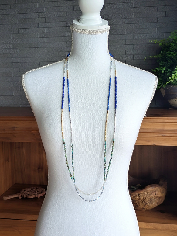 重ねるほど軽やか❀春風ブルー 天然石ラピスラズリ&アフリカンターコイズ シルバー派ゴールド派もブルーロングネックレス 19枚目の画像