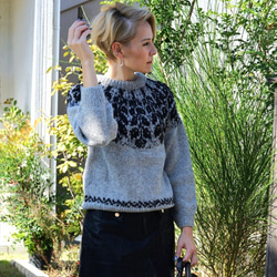 完売】フェアアイル柄・半袖トップ（N-360078-紺）ウール・求心編み