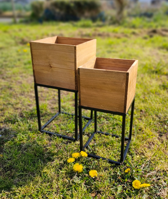 アイアンスタンド・ウッドボックス大　観葉植物　お洒落インテリア　モダン鉢カバー　プランター　　 2枚目の画像