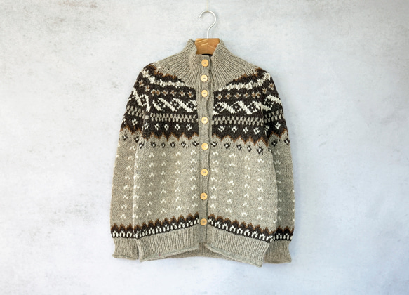 ★SALE【即納可】ウール・ノルディック柄・ハイネックカーディガン（N-430084-グレー）・ペルーニット 