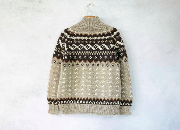 ★SALE【即納可】ウール・ノルディック柄・ハイネックカーディガン（N-430084-グレー）・ペルーニット 