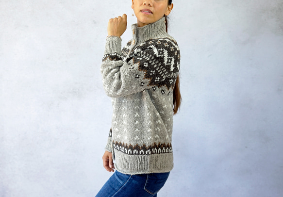 ★SALE【即納可】ウール・ノルディック柄・ハイネックカーディガン（N-430084-グレー）・ペルーニット 