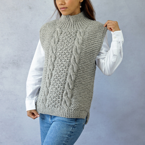 ☆SALE【即納可】ローゲージウール・ハイネックケーブル編みベスト（NP