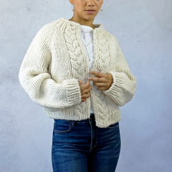 手編みアルパカ/羊毛ケーブルパーカー　ホワイト