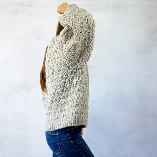 完売】極太ローゲージウール・模様編みプルオーバー（NP-4308-グレー