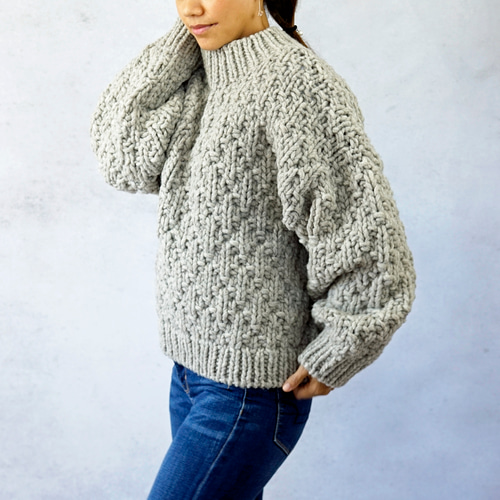 完売】極太ローゲージウール・模様編みプルオーバー（NP-4308-グレー