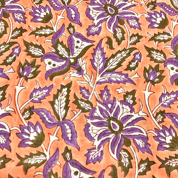 【50cm單位】橙紫花印度手版印花布料棉質 第2張的照片