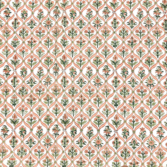 【50cm單位】單面邊框鮭魚螺旋花，印度手工塊印花布料，棉質 第6張的照片
