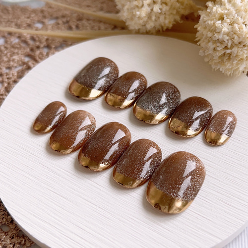 オーダー】ネイルチップ ミラーフレンチ マグネット キラキラ ブラウン