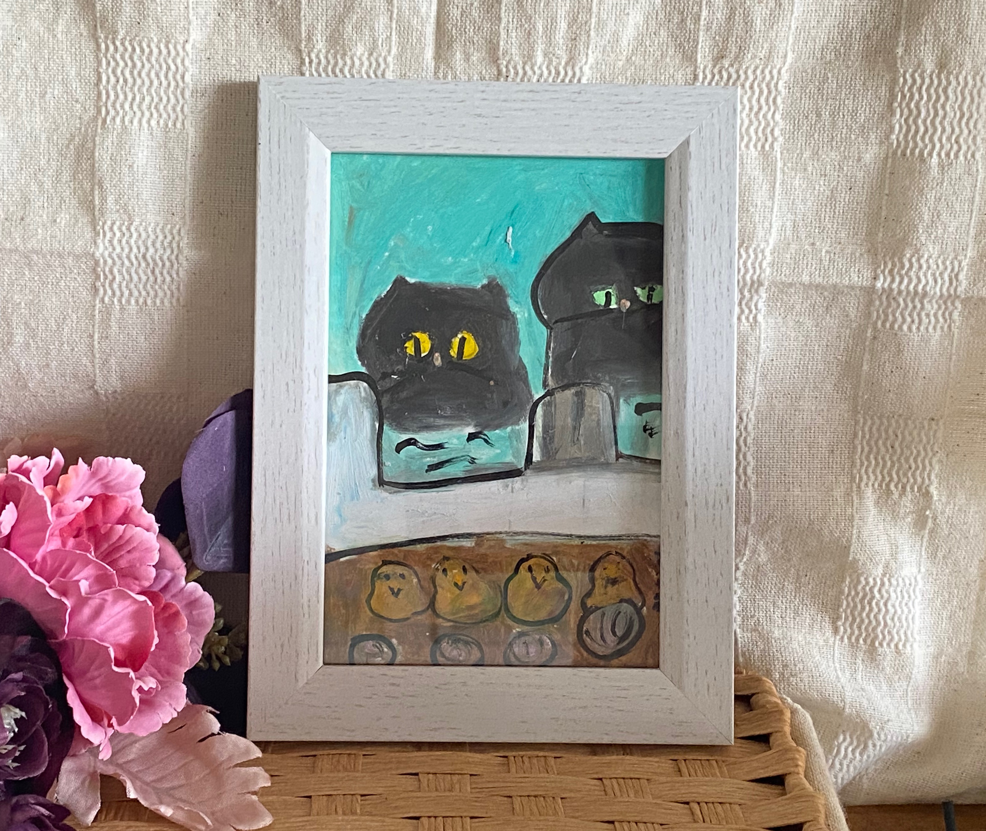 受注生産可能 絵画。壁掛け原画【ピンクのピアノ童話とかわいい黒猫