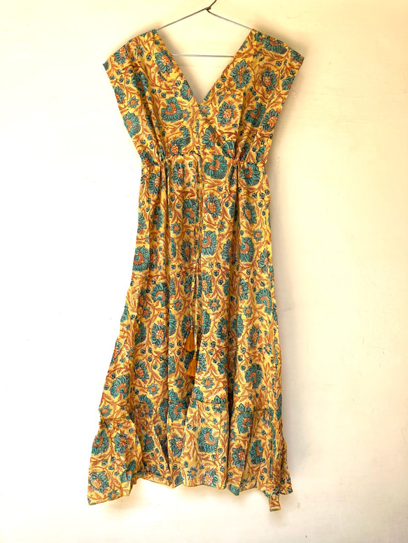 F ブロックプリント サマードレス ★インド綿 ワンピース フリーサイズ 4枚目の画像