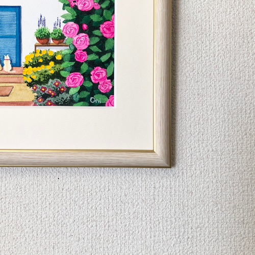 ローズハウス06」透明水彩画 原画 風景画 額縁付 SMサイズ 絵画