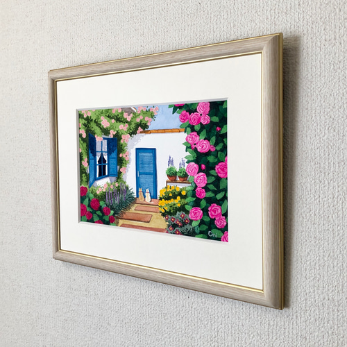 透明水彩画　原画　「ローズハウス０８」額縁付　SMサイズ 透明水彩画 原画 「ローズハウス08」額縁付 SMサイズ