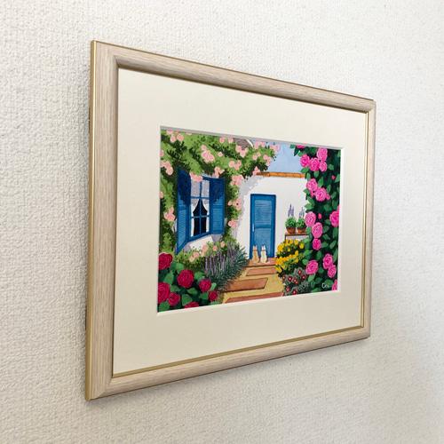 ローズハウス06」透明水彩画 原画 風景画 額縁付 SMサイズ 絵画