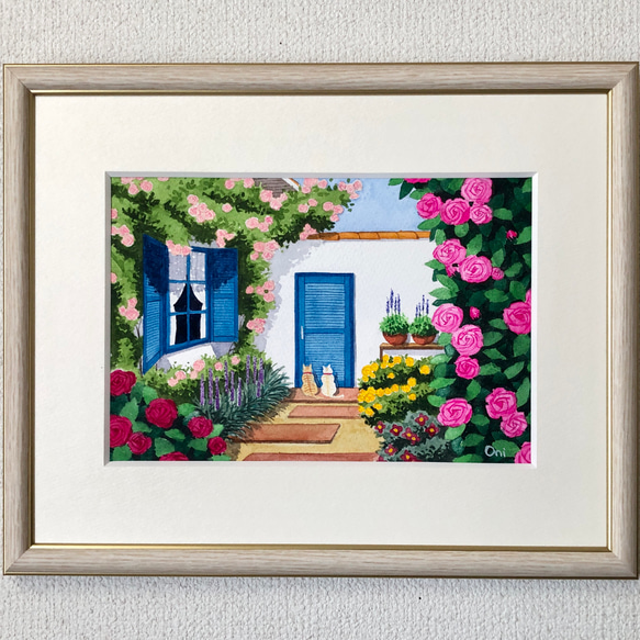ローズハウス06」透明水彩画 原画 風景画 額縁付 SMサイズ 絵画