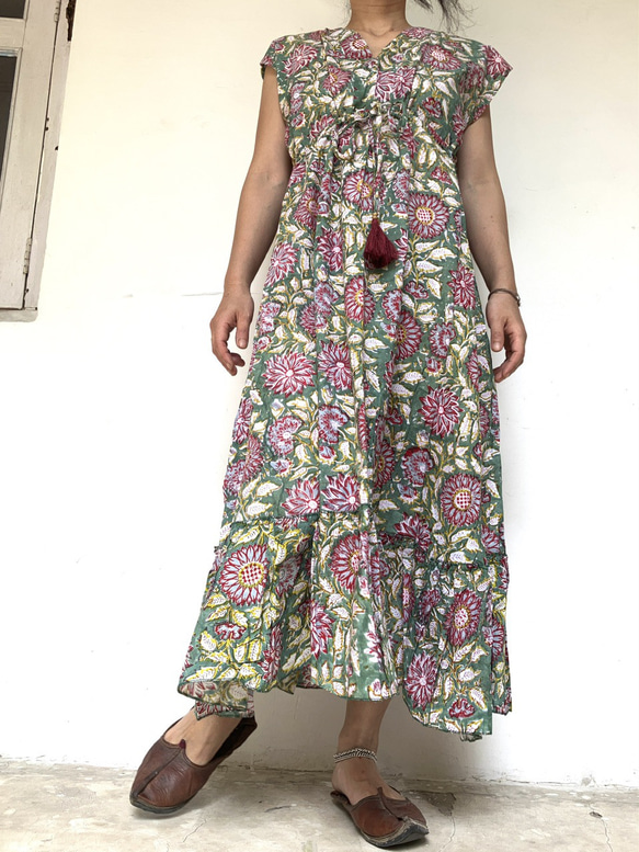 D ブロックプリント サマードレス ★インド綿 ワンピース フリーサイズ 5枚目の画像