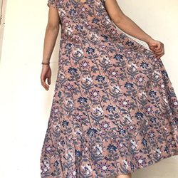 C ブロックプリント サマードレス ★インド綿 ワンピース フリーサイズ 4枚目の画像