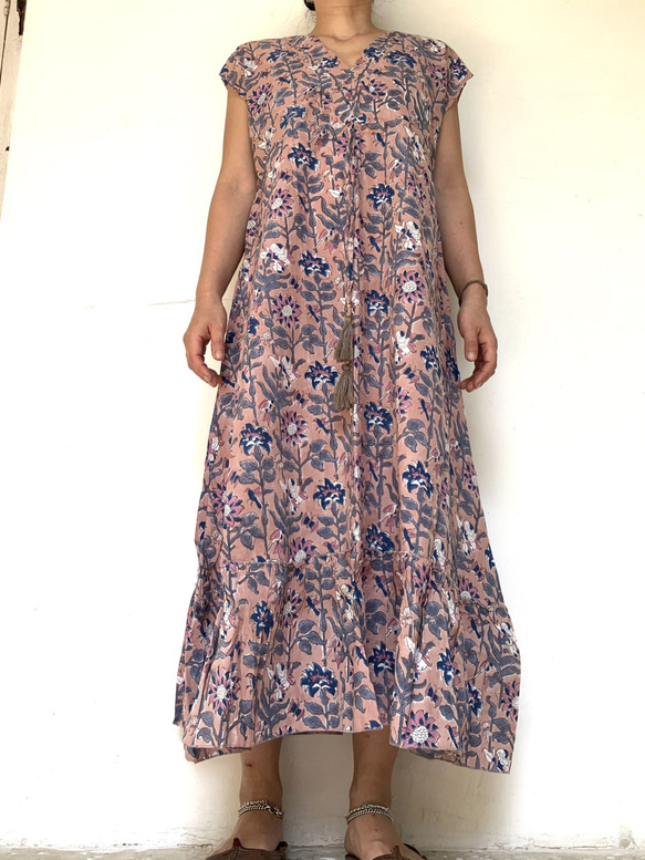 C ブロックプリント サマードレス ★インド綿 ワンピース フリーサイズ 2枚目の画像