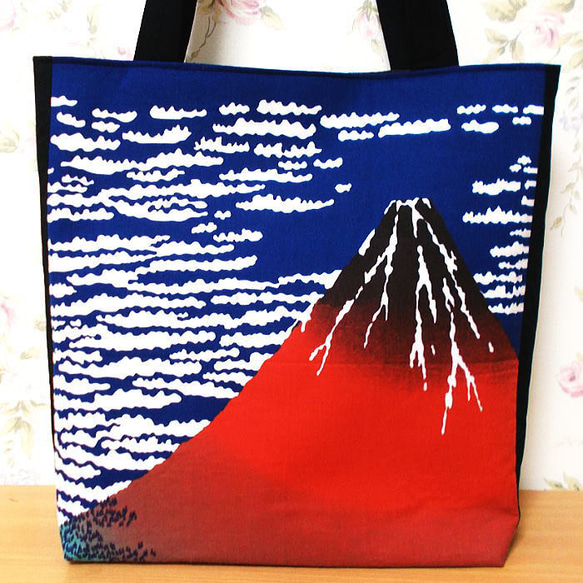 和柄大きめトートバッグ 赤富士 浮世絵 にゃんこ 招き猫 ショルダー