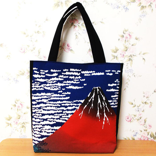 和柄大きめトートバッグ 赤富士 浮世絵 にゃんこ 招き猫 ショルダー
