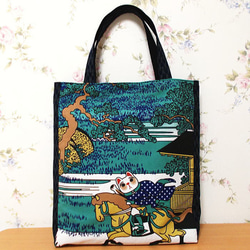 和柄大きめトートバッグ  赤富士 浮世絵 にゃんこ 招き猫 ショルダーバッグ エコバッグ 3枚目の画像