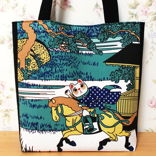和柄大きめトートバッグ 赤富士 浮世絵 にゃんこ 招き猫 ショルダー