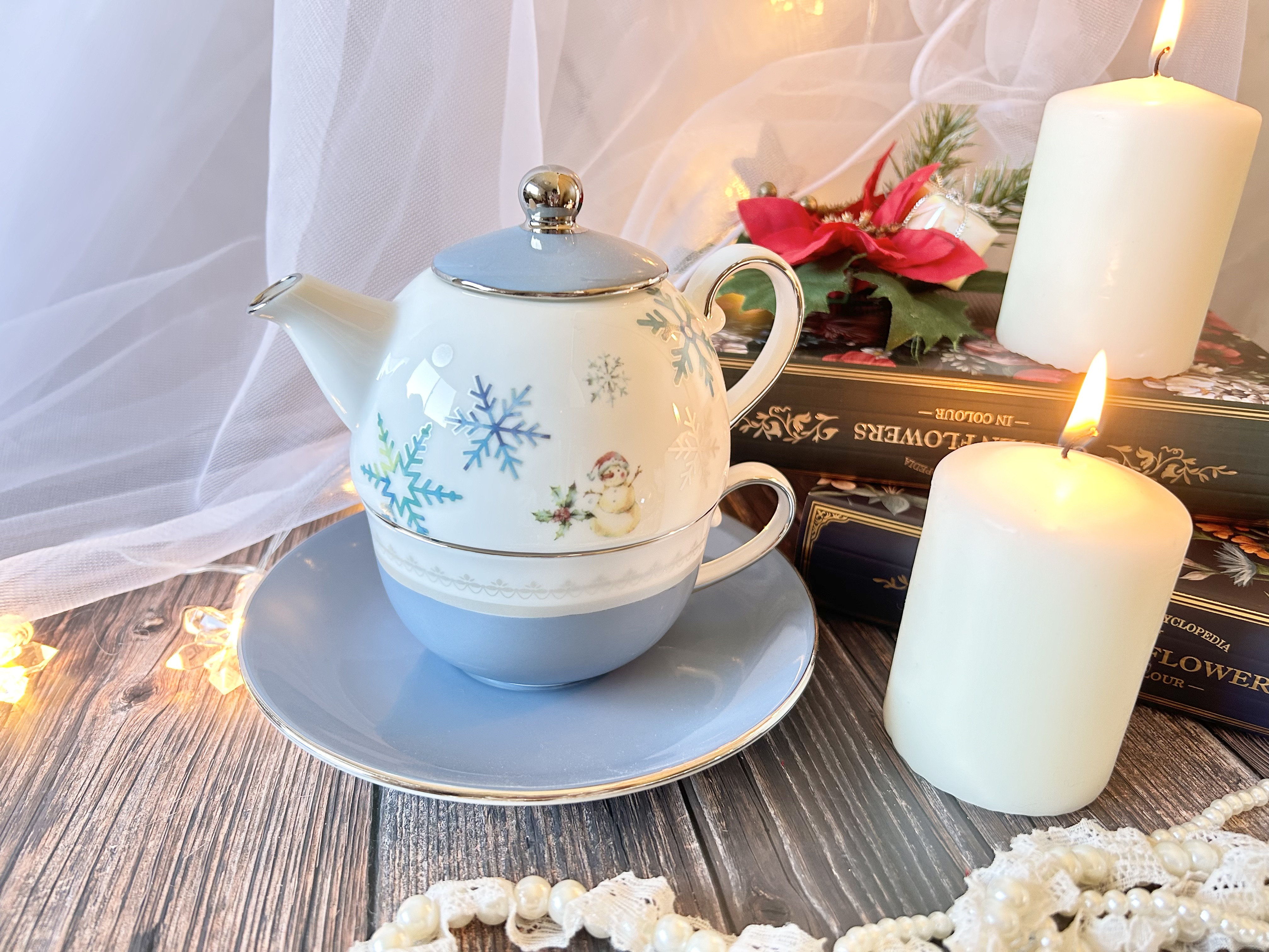 【SALE】雪の結晶・スノーマンとコマドリティータイム