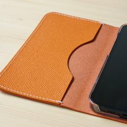 ヴォーエプソン 牛革 iPhone カバー レザーケース  手帳型  オレンジ 6枚目の画像