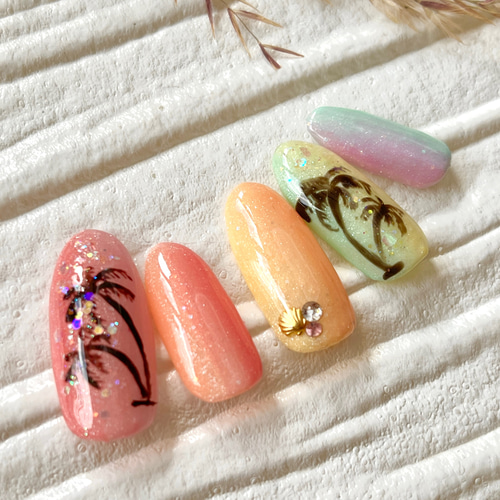 SALE ネイルチップ やしの木 カラフルグラデーションネイル
