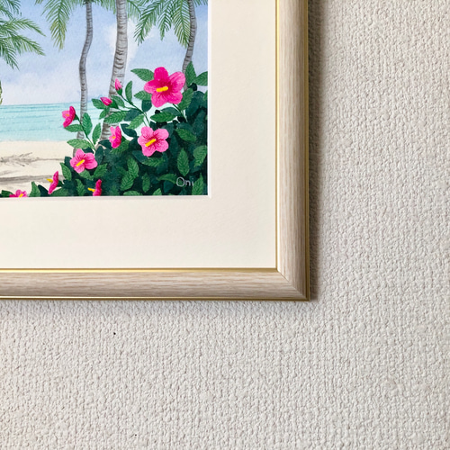 ヤシの木とハイビスカス」透明水彩画 原画 風景画 額縁付 SM ヤシの木とハイビスカス」透明水彩画 原画 風景画 額縁付 SM