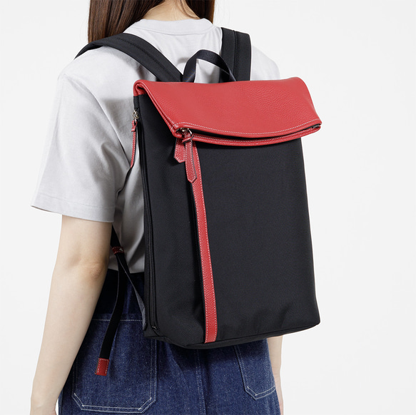 ottorossi 漁網ナイロンリュック　 ブラック×レッド　　　　イタリアンレザーと再生ナイロン使用 