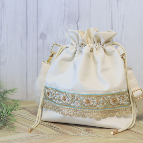 ハンドメイド 丸底 MIXインド刺繍リボン 巾着バッグ 】 インド