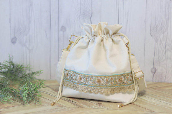 帆布の巾着バッグ×インド刺繍リボン【送料無料】 7枚目の画像