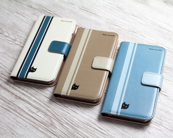 ライン＋neco（ネコ）の手帳型スマホケース（カバー）ペールブルー　☆iPhone／Android（ほぼ全機種） 7枚目の画像