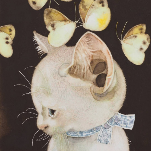 白猫と蝶と 「 愛される人 」 絵画 モリカナコ(mori kanako