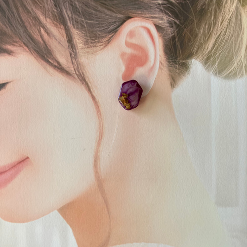 494 パープル マーブル ゴールド ピアス イヤリング ハンドメイド