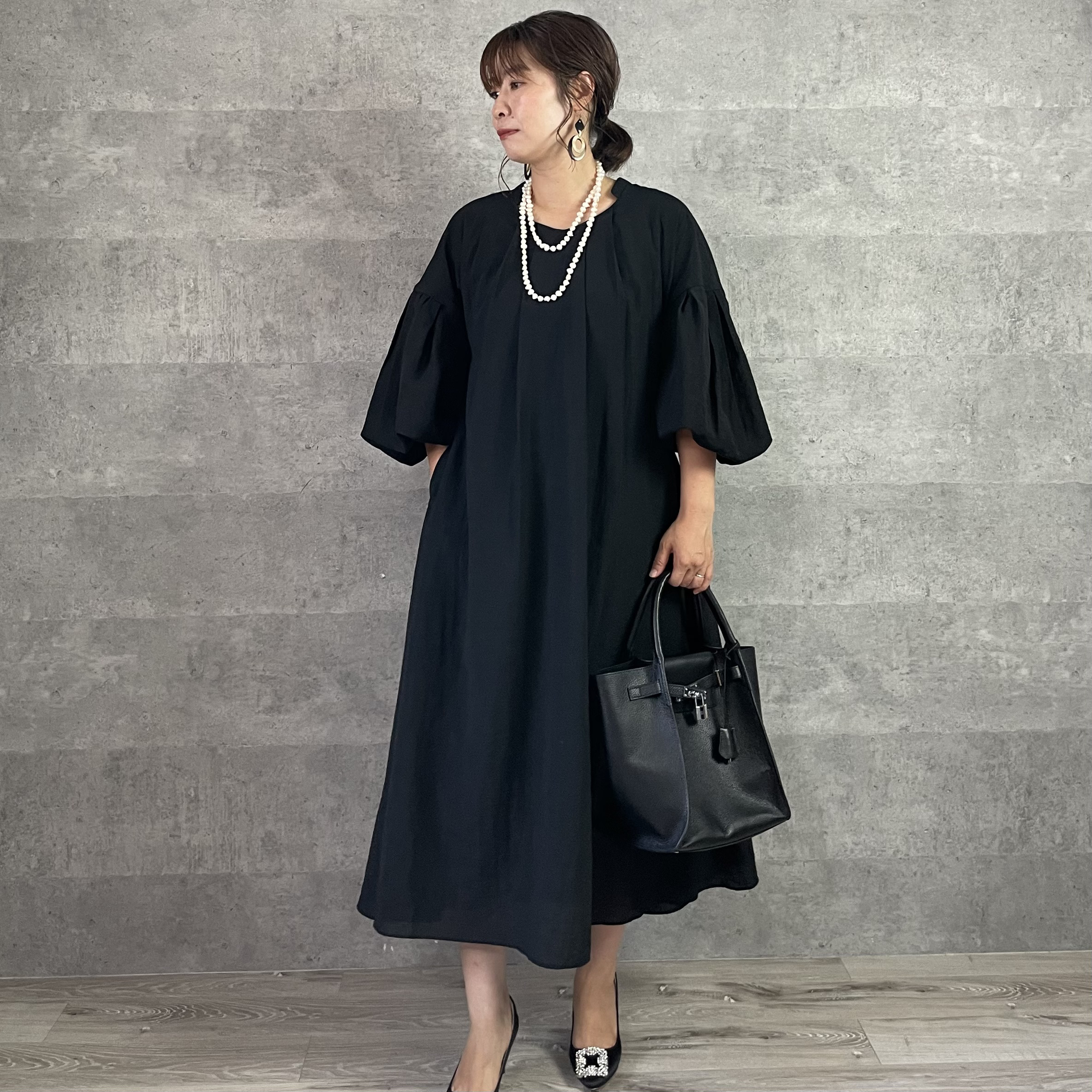 美品✨ リゼッタ ヒラリー リネン混 ワンピース 七分袖 ノアール
