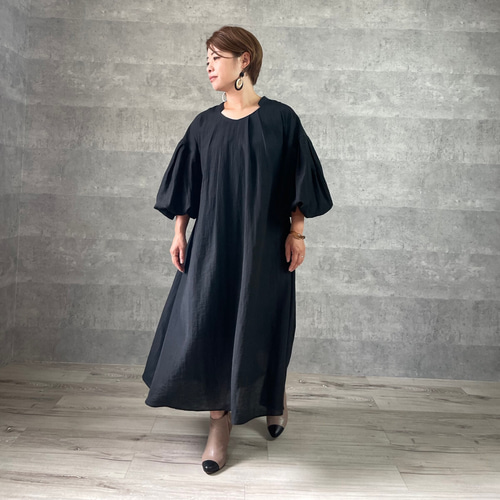 小柄S□大人の黒♡ナチュラルAライン フォーマルワンピース リネン混  