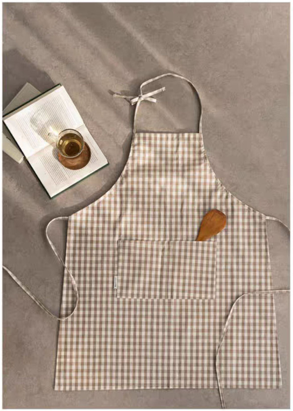 カーキ　チェック　防水　綿　ポケット付き　ワンピース　レディースエプロン　 6枚目の画像