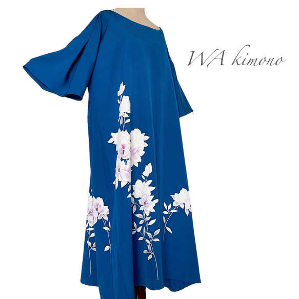 特別な日の"スカイブルーワンピ " ゆったり 着物リメイク ワンピース 衣装 雅楽 青 フリーサイズ  (Ｊ5706) 3枚目の画像