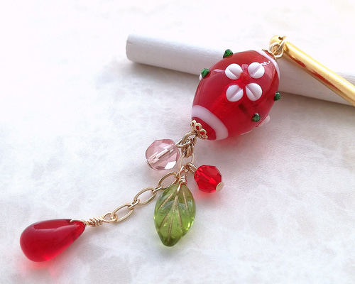 とんぼ玉かんざし（レッド／フラワー）帯飾り可 かんざし