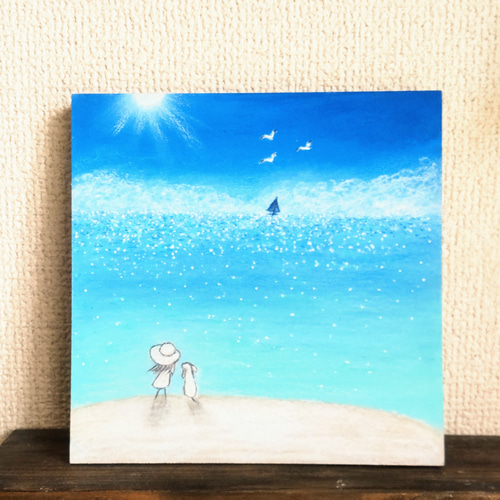 夏！ キラキラ輝く 海 太陽 空 【原画】オイルパステルアート